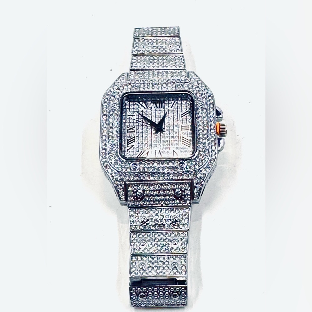 Silver Iced Out Square Face Watch W/Roman Numeral Dial NWOT
